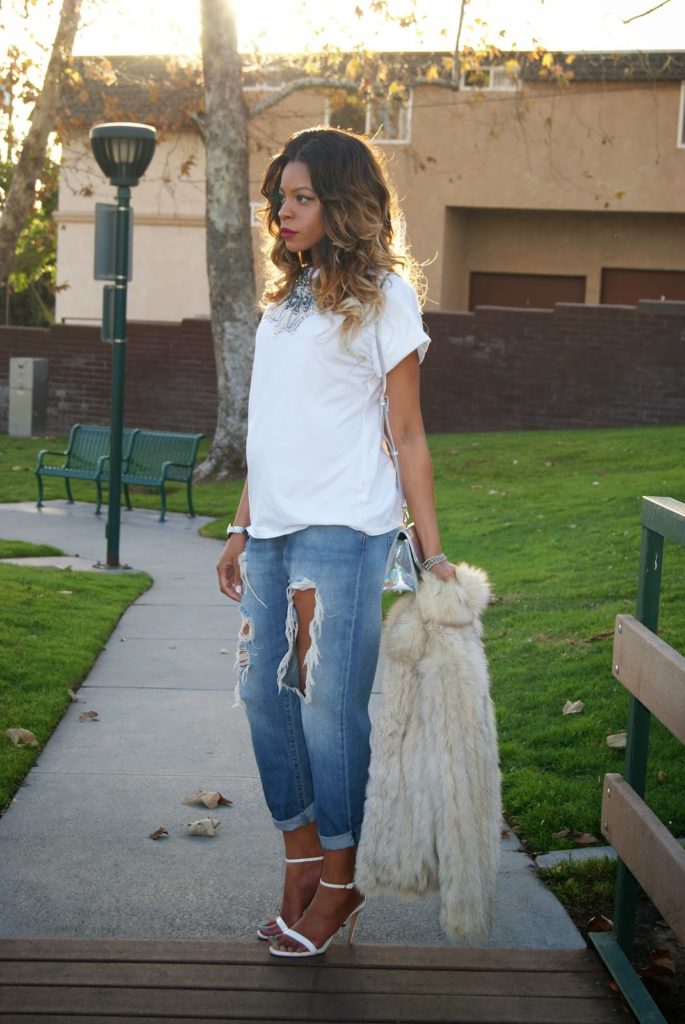 maternity style, casual chic, fur, ombre hair, statement necklace, allthingsslim, 