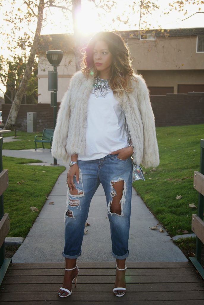 destroyed boyfriend jeans, casual chic outfit, ripped denim, statement necklace, allthingsslim, ombre hair, maternity style, 