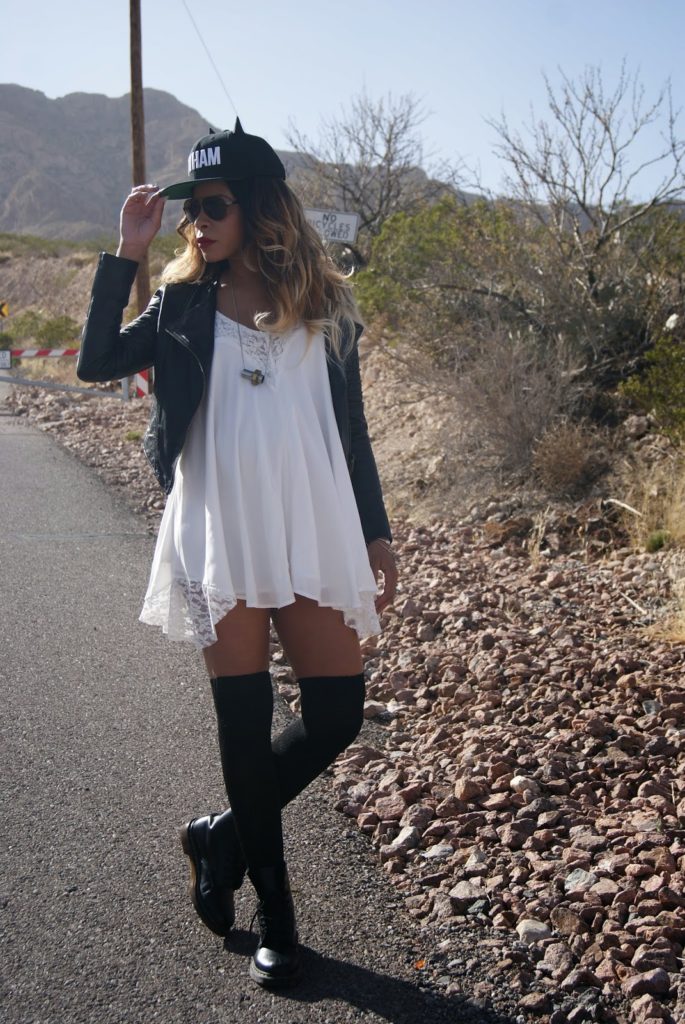 slip dress knee socks, allthingsslim, ombre hair, bunny ear hat, snap back,