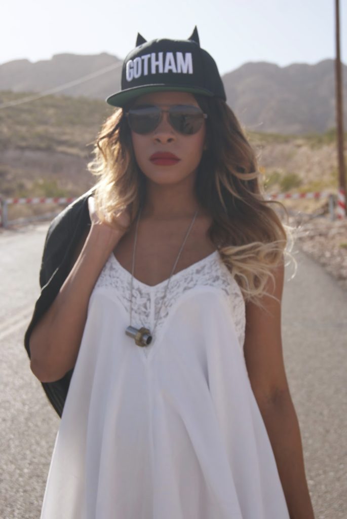 ombre hair snapback hat, bunny ear hat, red lips, allthingsslim, slip dress,