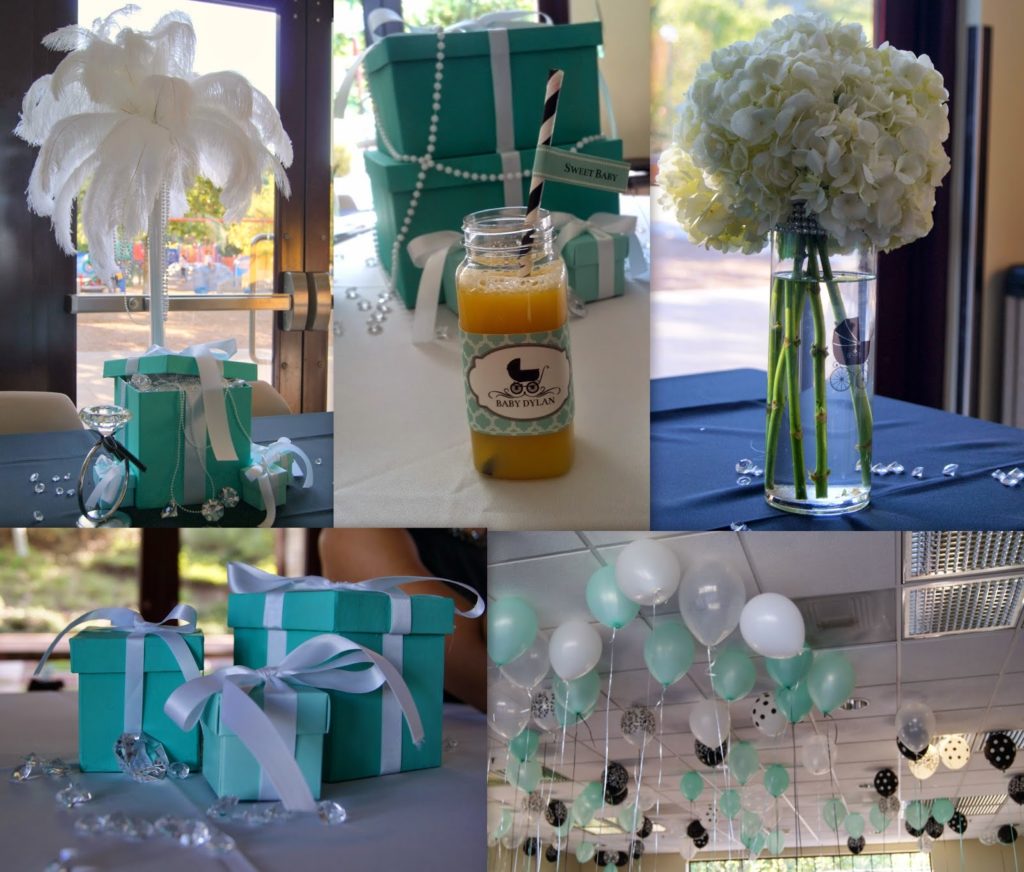breakfast at tiffany's party, tiffany box centerpieces, feather centerpieces, balloon ceiling, allthingssllim