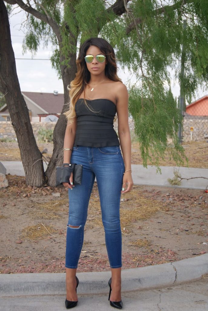 denim and heels, allthingsslim, ombre hair, leather clutch, 
