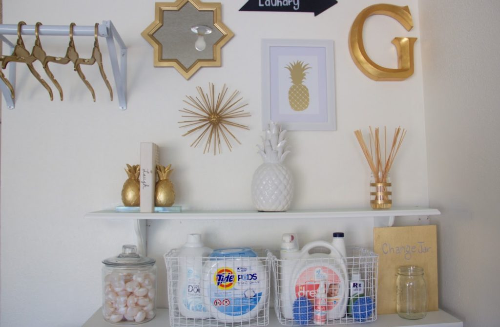 laundry room ideas, white and gold laundry room