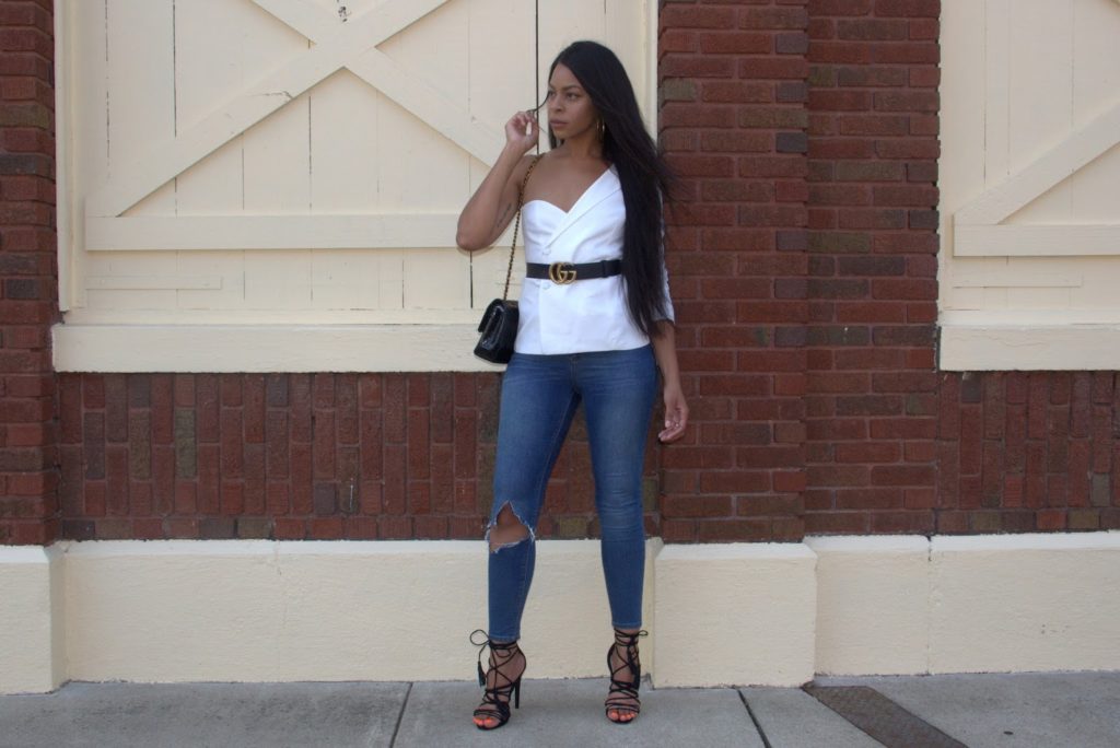 one shoulder blazer and belt