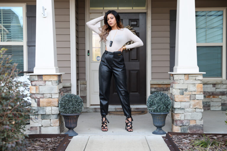Faux Leather Pants And Bodysuit For Winter To Spring Transition