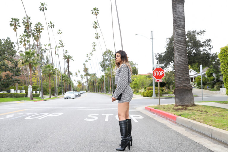 Houndstooth Suit, Black boots, And Palm Trees In LA