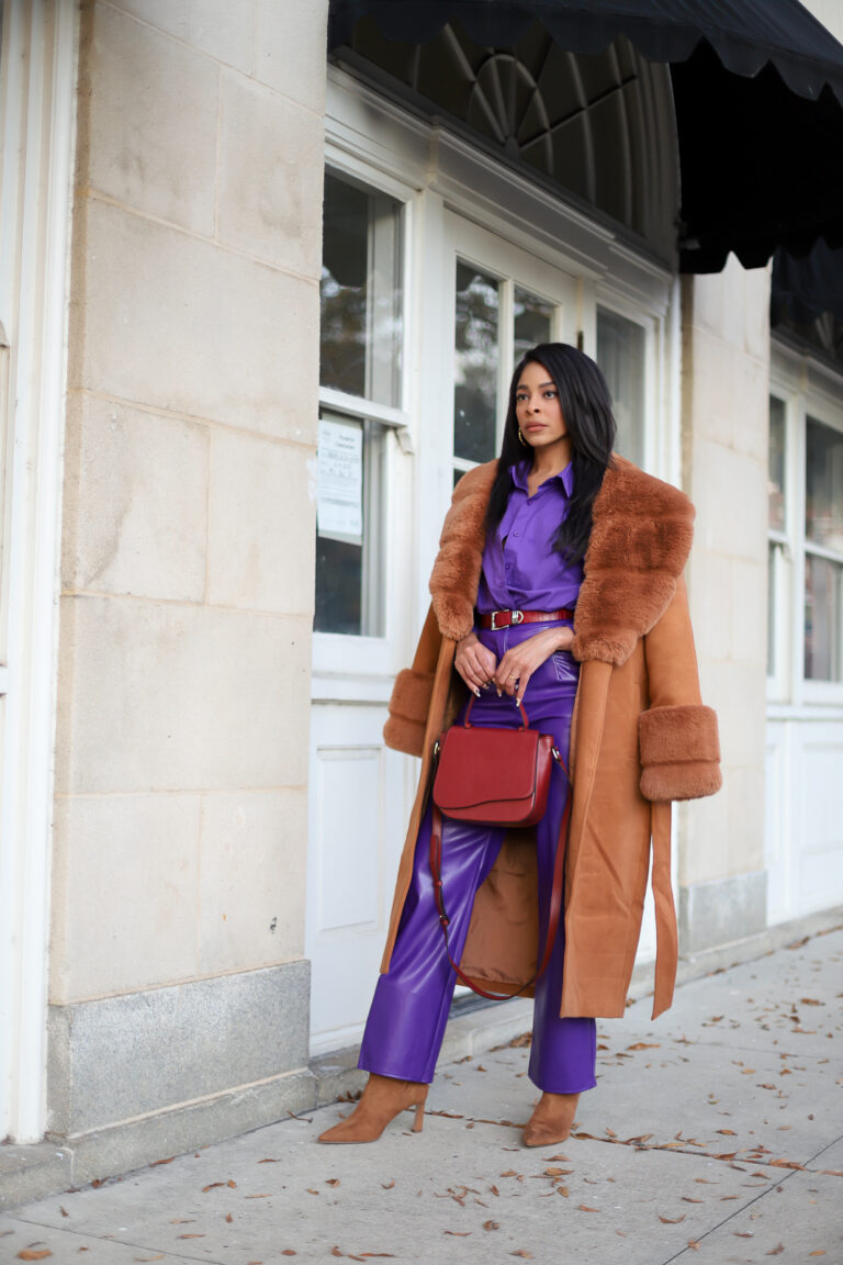 Purple, Red, And Cognac Look